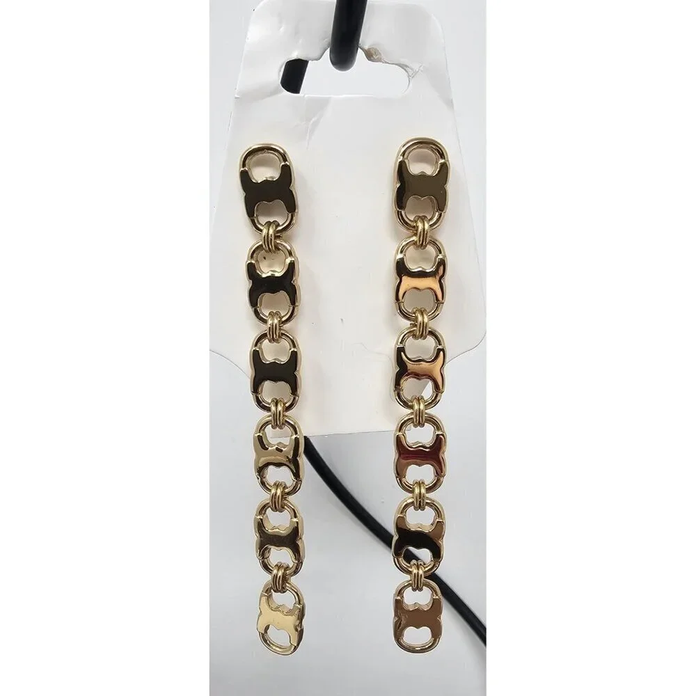 Tory Burch Drop Earrings Gold Tone Logo Gemini Chain Link Dangle Women’s 3